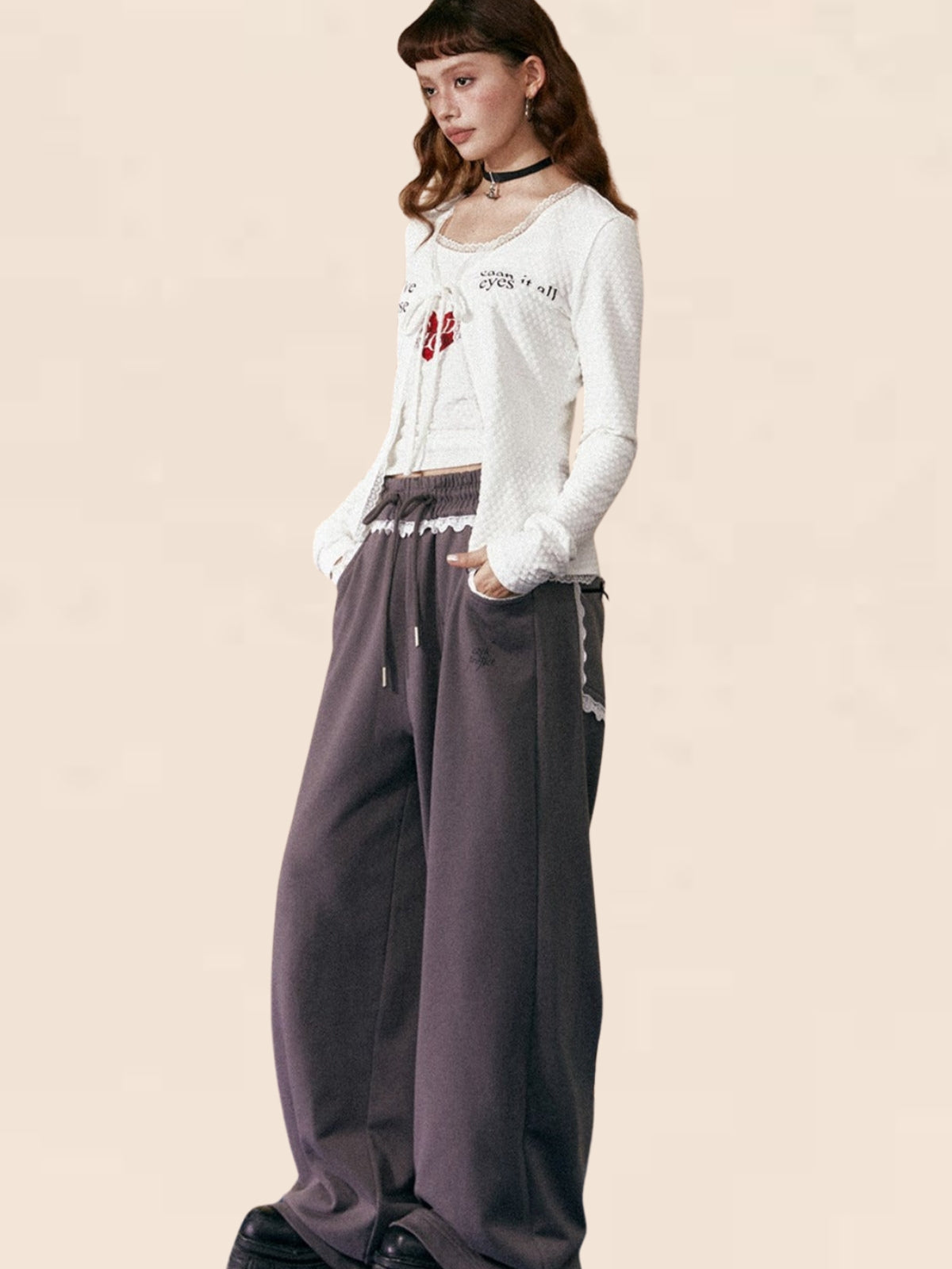 White Trim waist Long Loose Pants