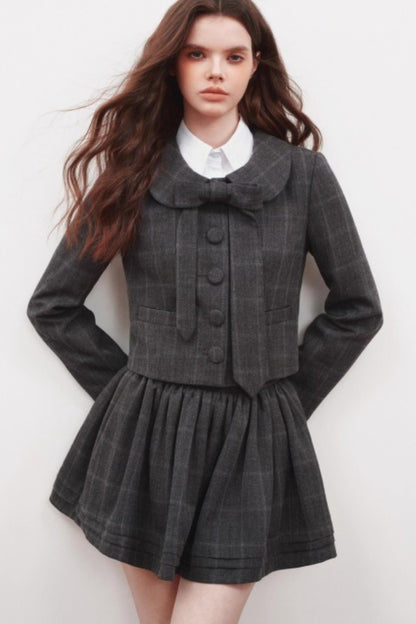 Plaid Doll Collar Blazer Skirt Set-Up