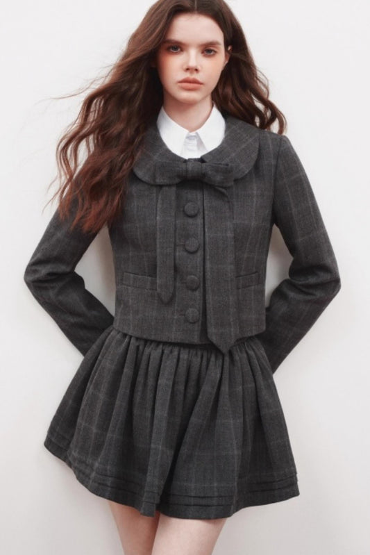 Plaid Doll Collar Blazer Skirt Set-Up