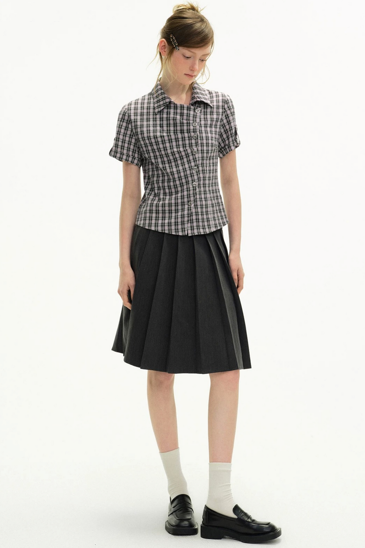 Diagonal Placket Plaid Blouse