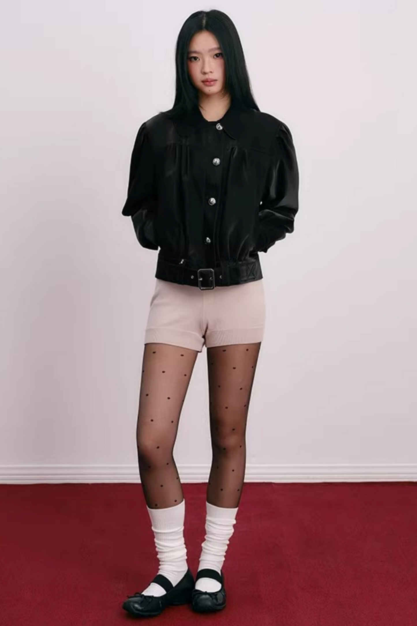 Cherry Embroidery Half-Zip Top Set