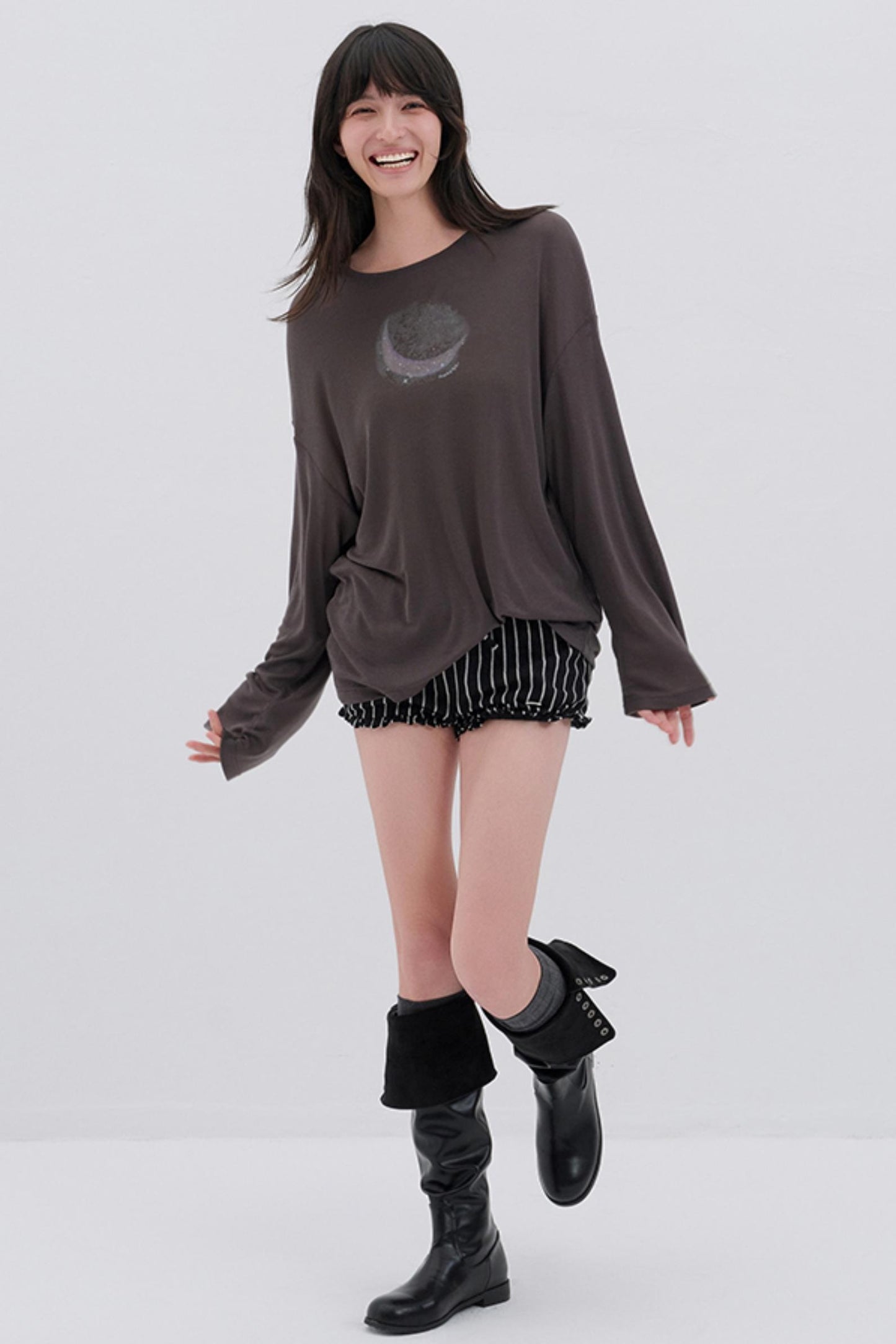 Moon Print Wool Blend Long Sleeves Top