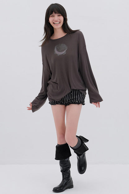 Moon Print Wool Blend Long Sleeves Top