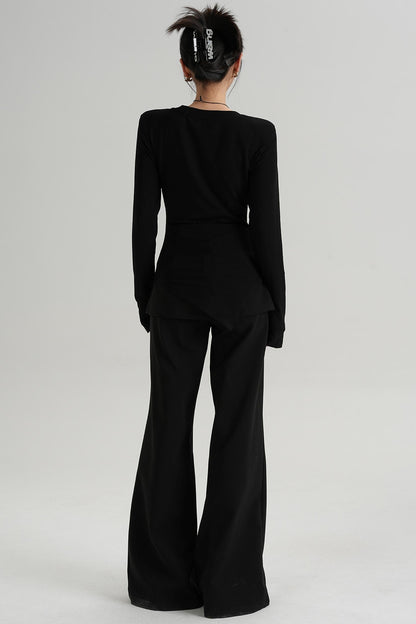 Shoulder Pads Hem Slit Long Sleeve T-shirt