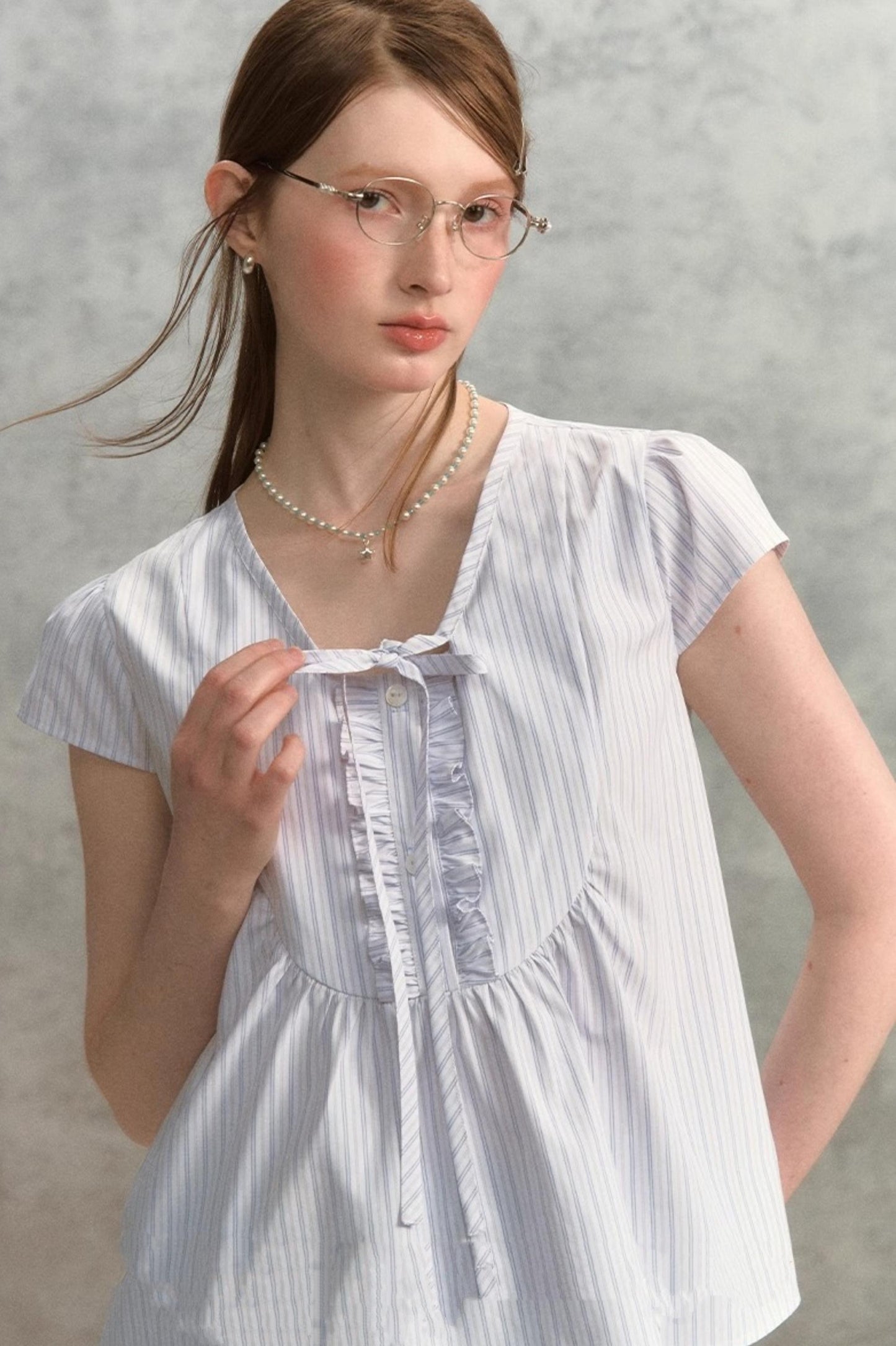 Striped V-Neck Lace Blouse