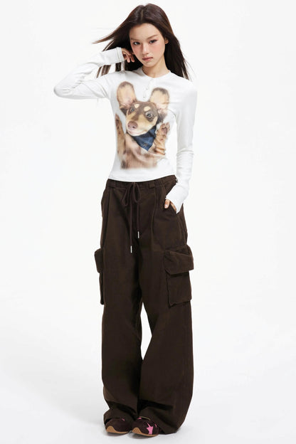 Puppy Print Crew Neck Knit Slim Top