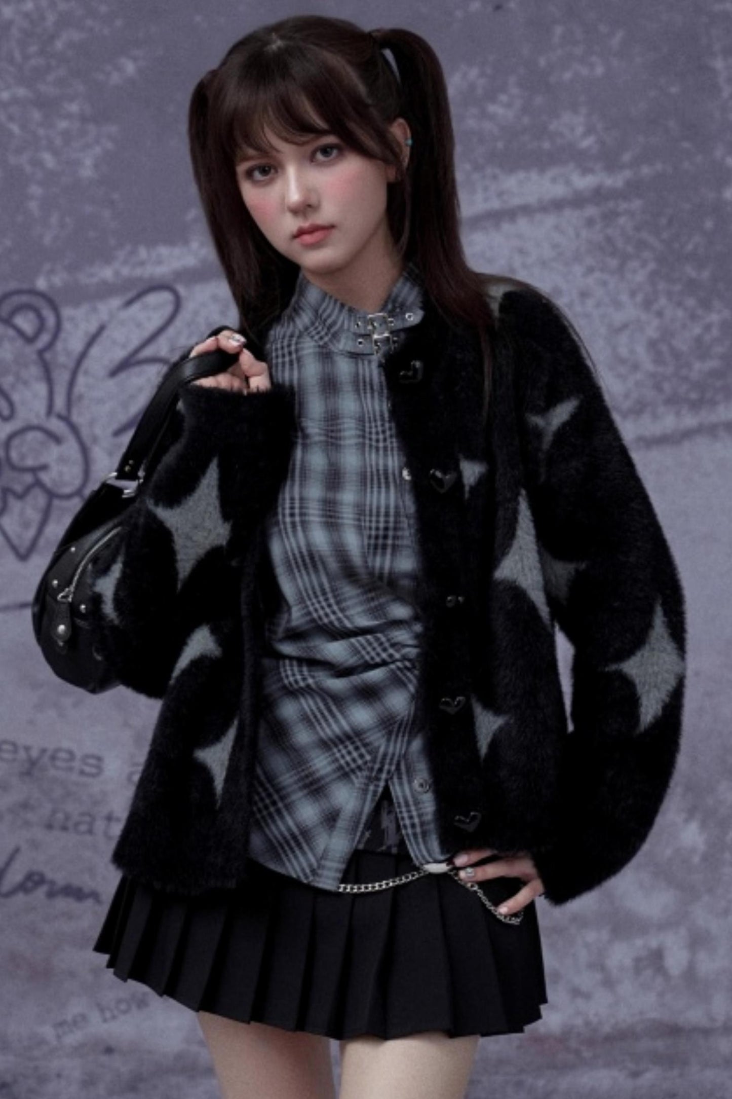 Gray-Blue Irregular Placket Plaid Shirt