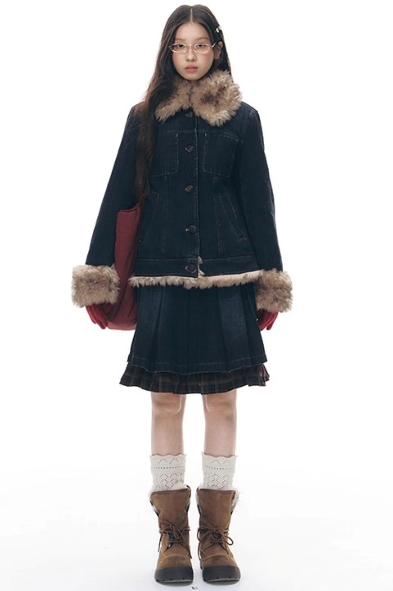 Detachable Fur Collar Denim Jacket Set-Up