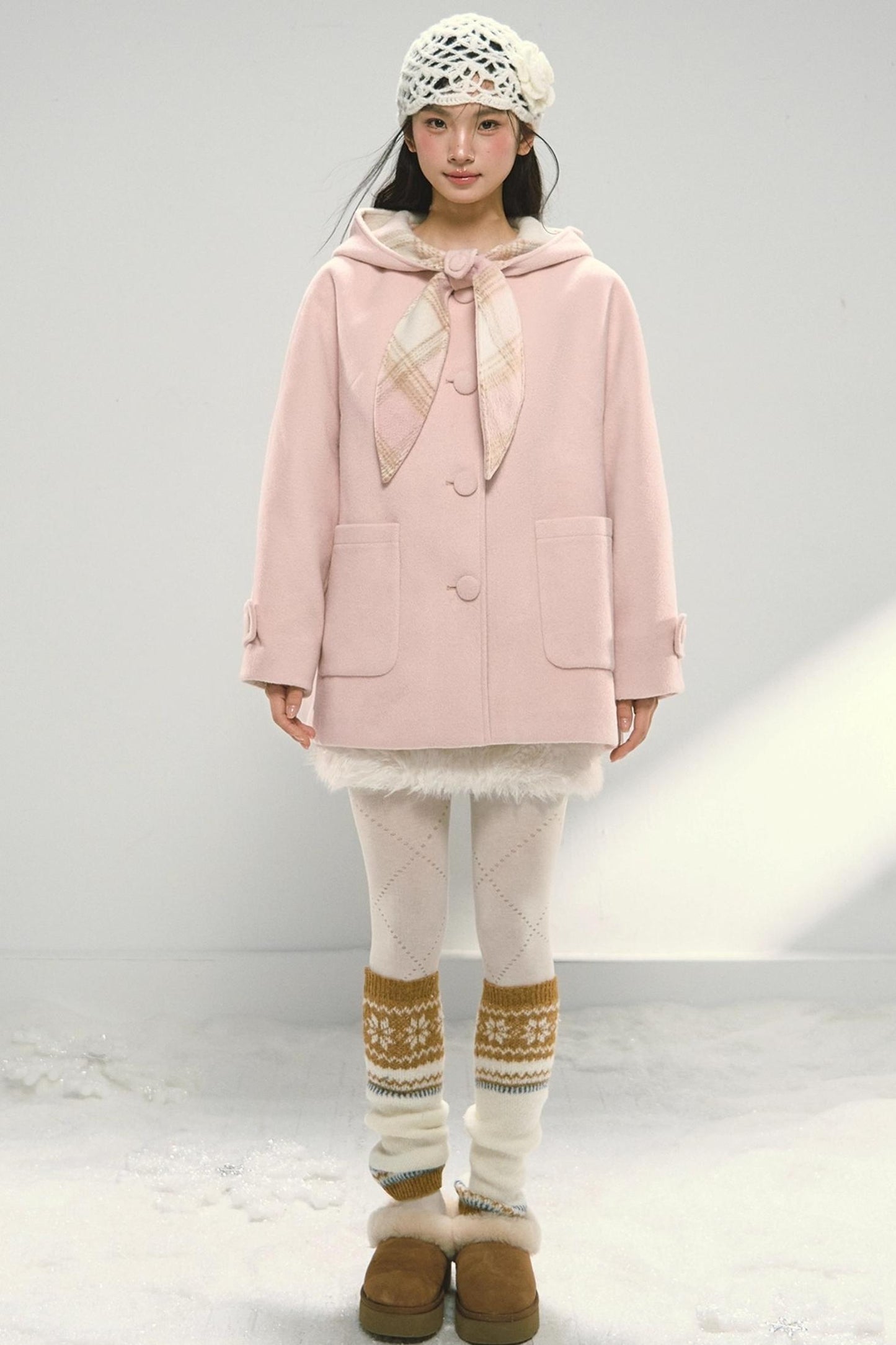 Pink Plaid Hooded Woolen Coat