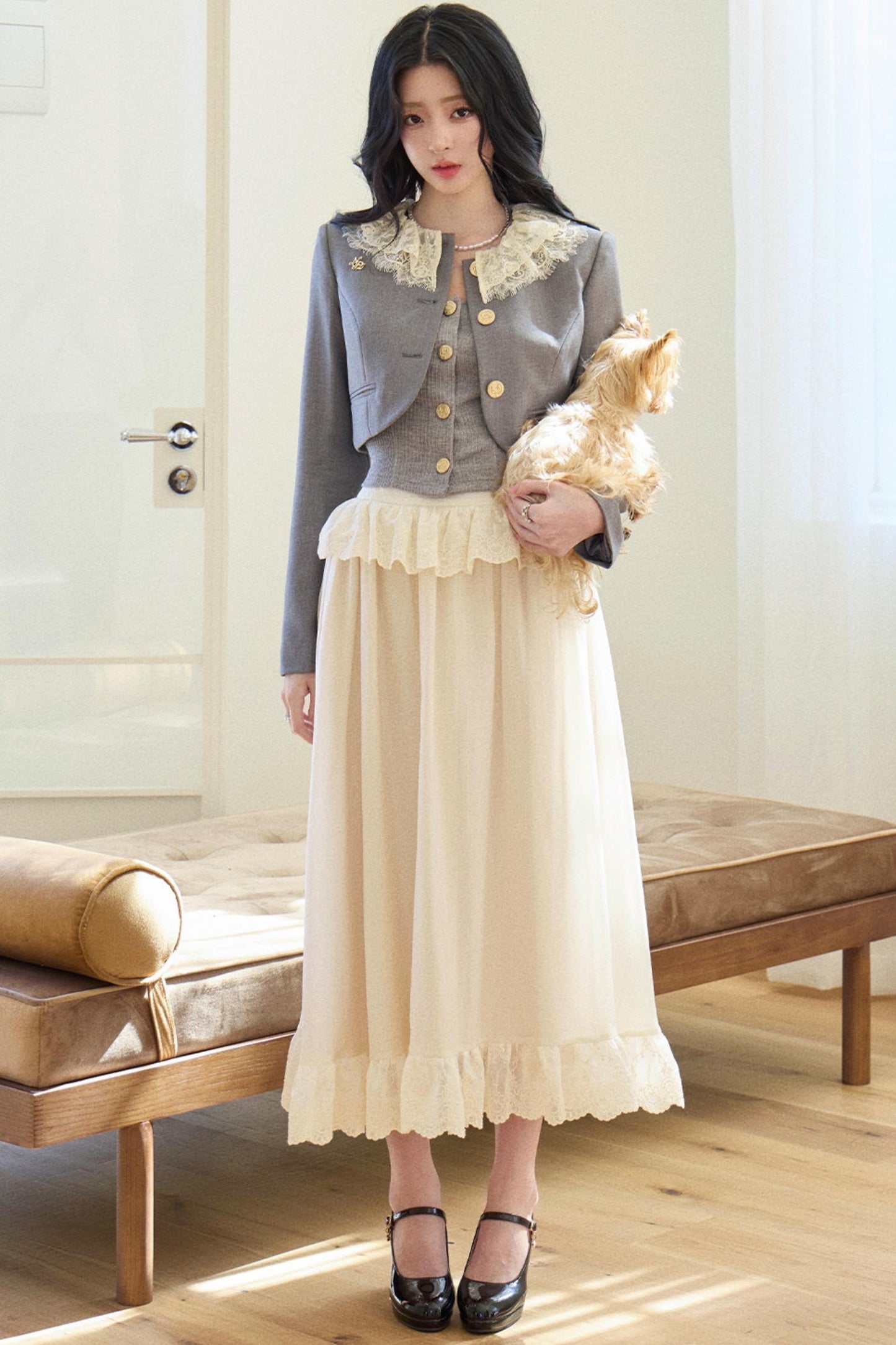 Lace Collar Gray Suit Set-Up