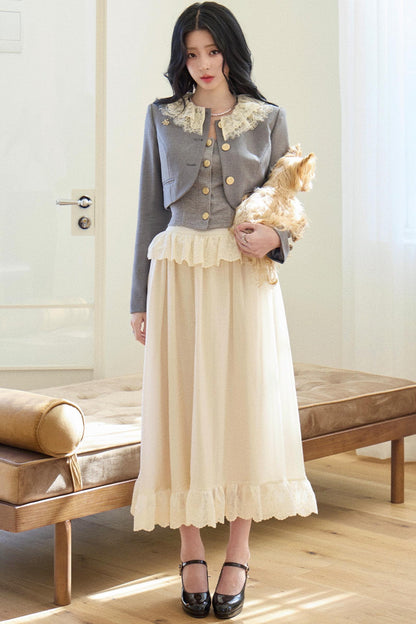 Lace Collar Gray Suit Set-Up