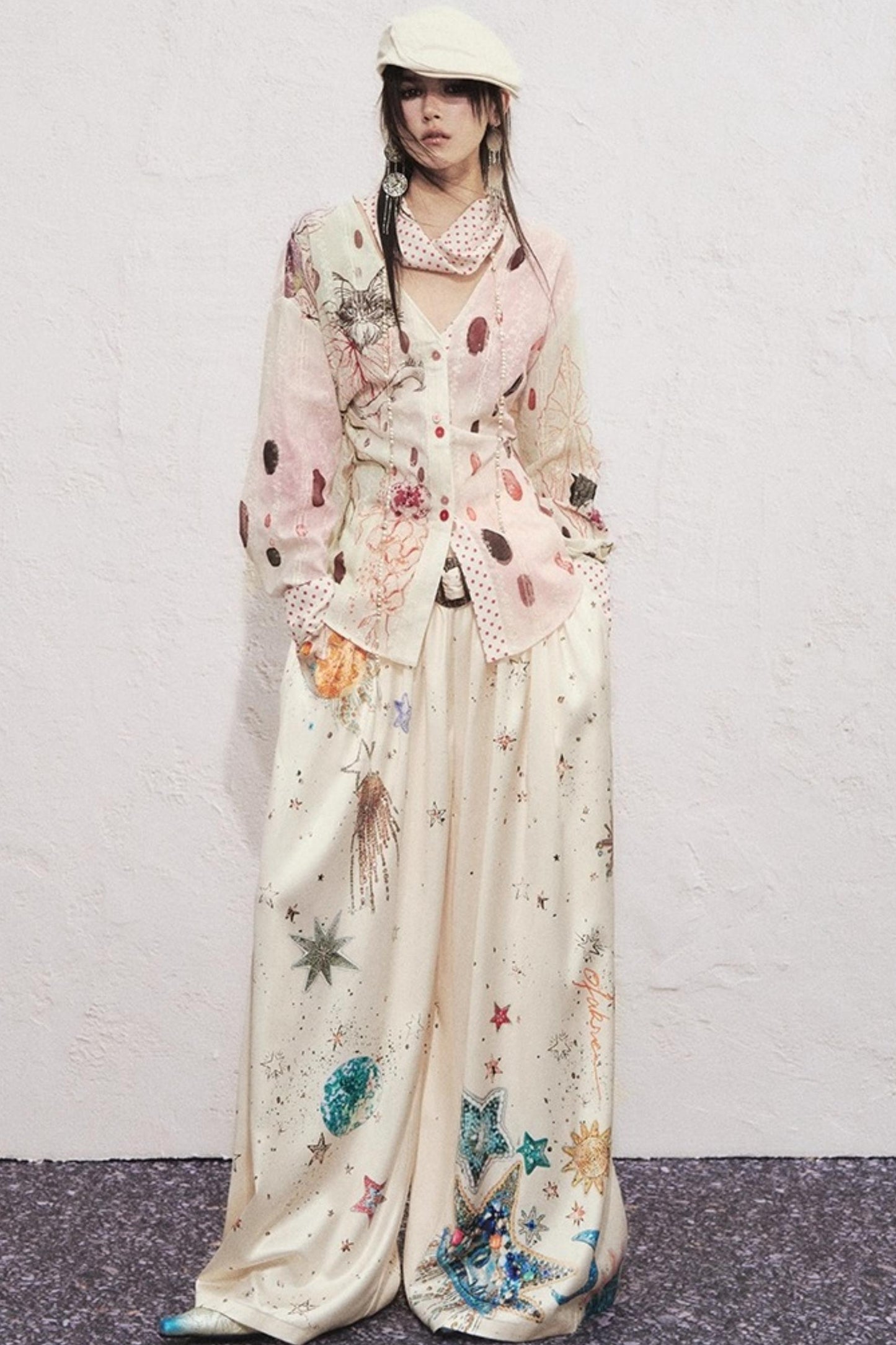 Watercolor Cat Polka Dot Lace-Up Shirt