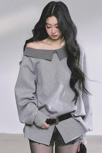 American Slanted Shoulder Plaid Sweatshirt