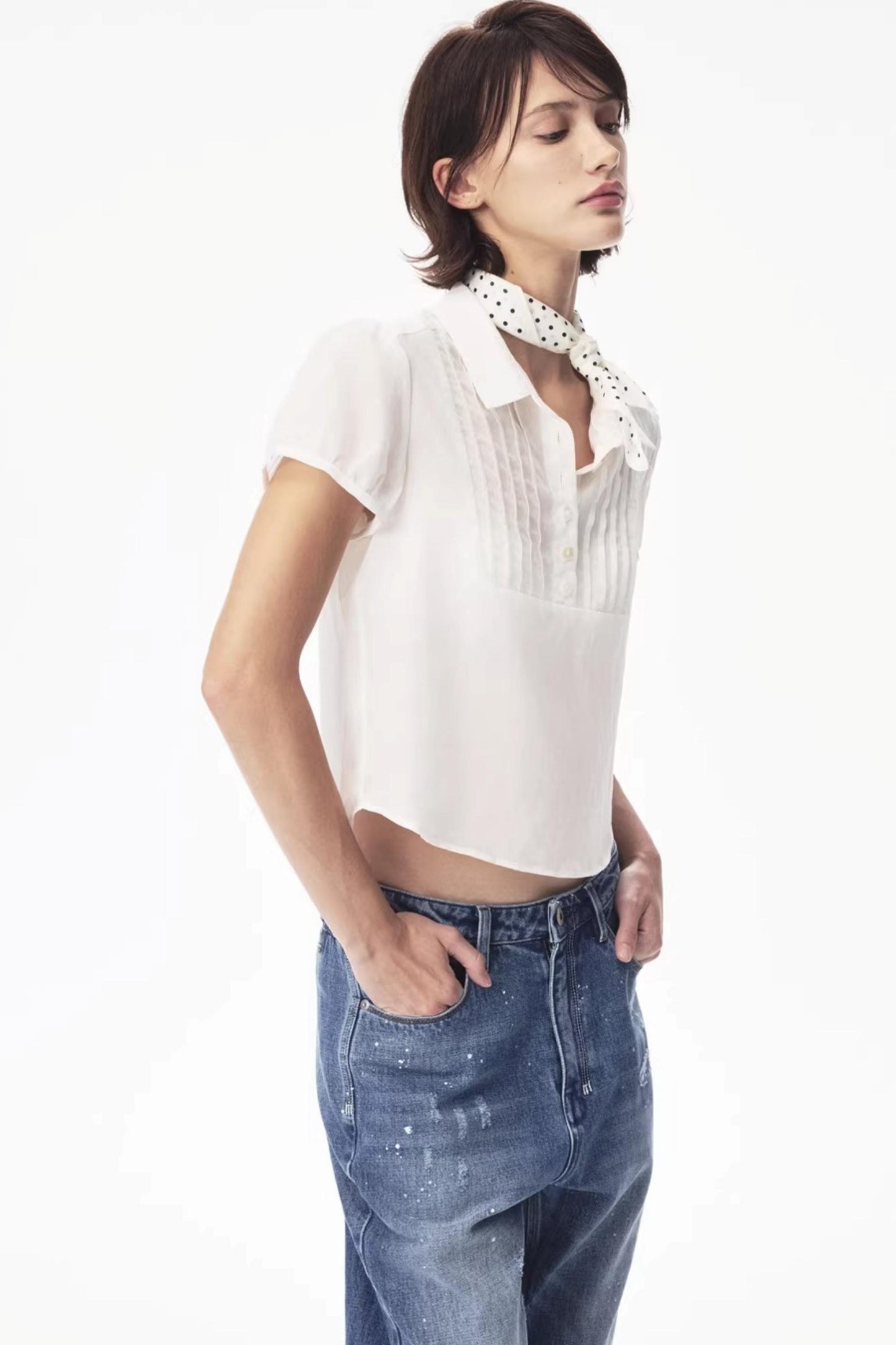 Ramie-Blend Pleated Puff Blouse