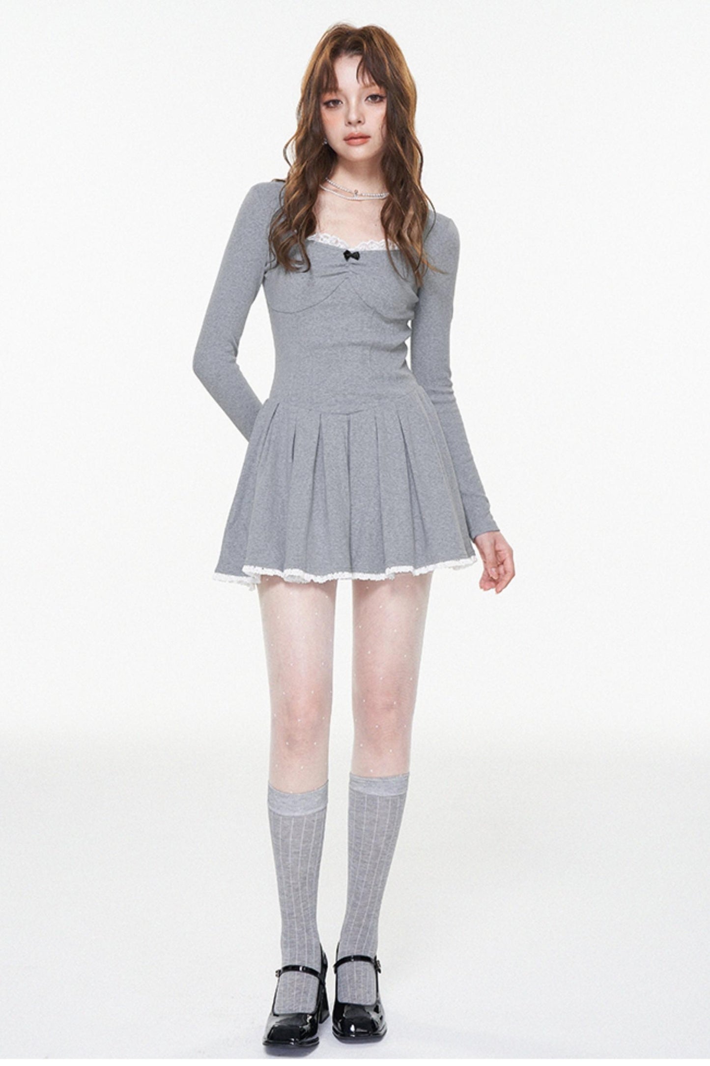 Gray Lace Bow-Detail U-Neck Dress