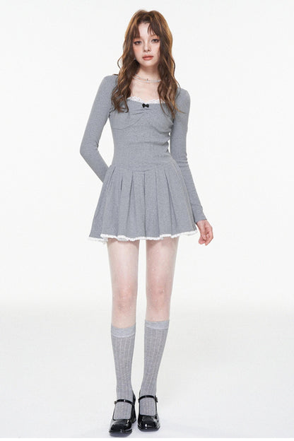 Gray Lace Bow-Detail U-Neck Dress