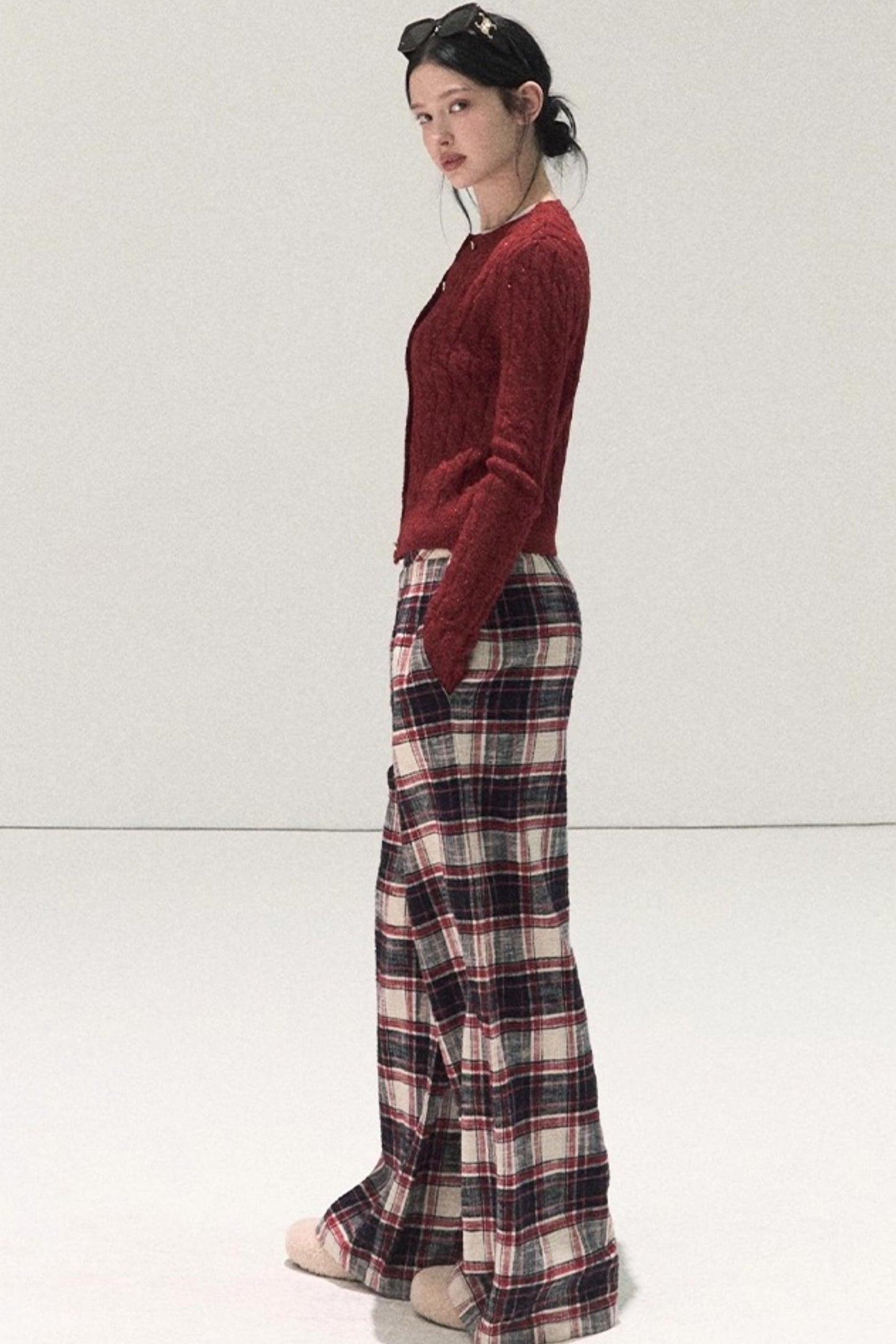 Pure Cotton Plaid Wide-Leg Pants