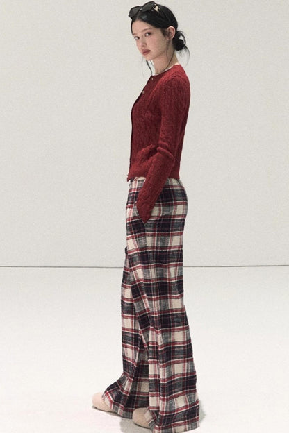 Pure Cotton Plaid Wide-Leg Pants