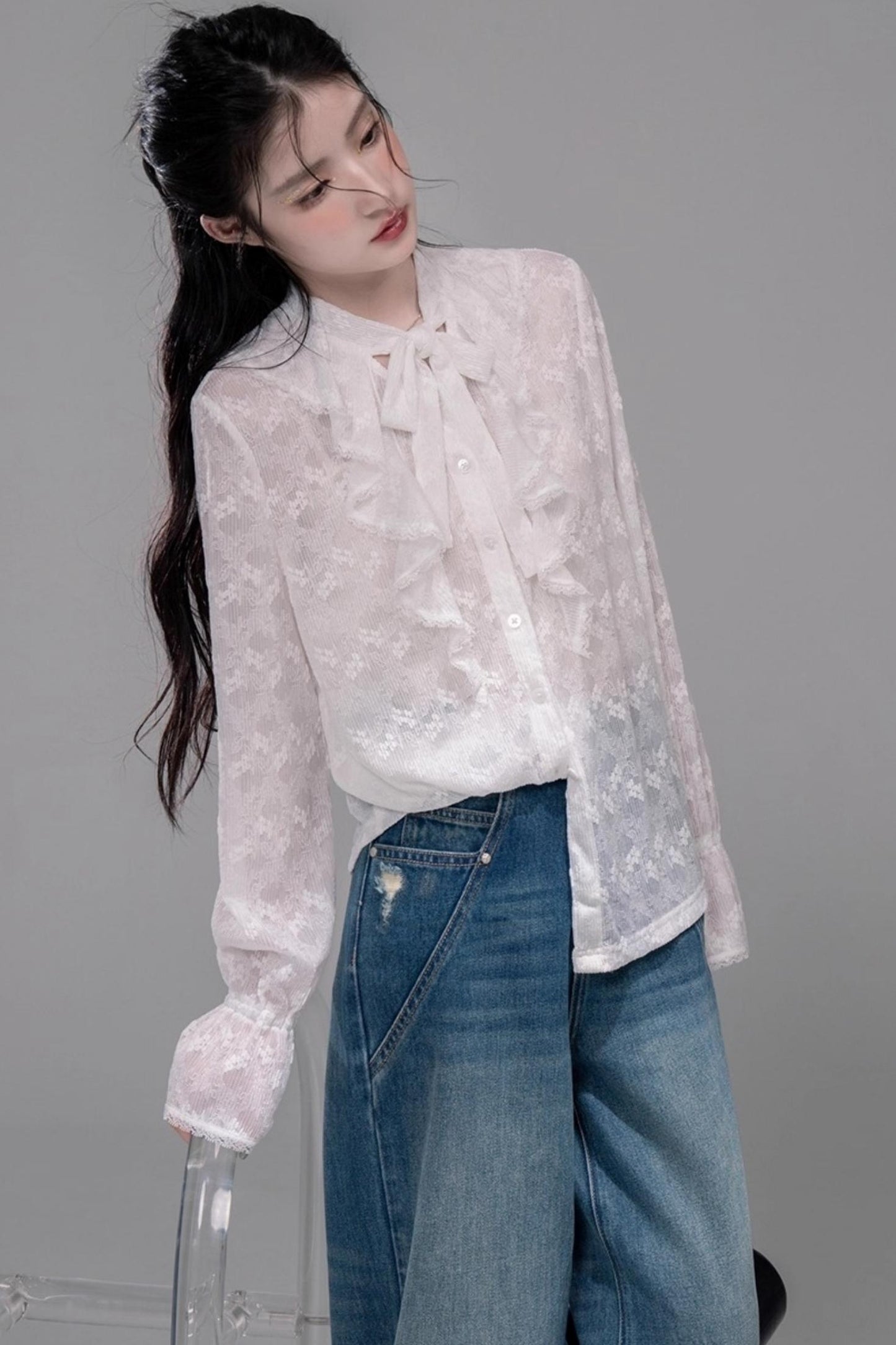 White Cloud Gauze Ruffled Shirt Set
