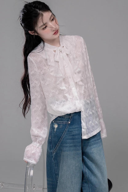 White Cloud Gauze Ruffled Shirt Set
