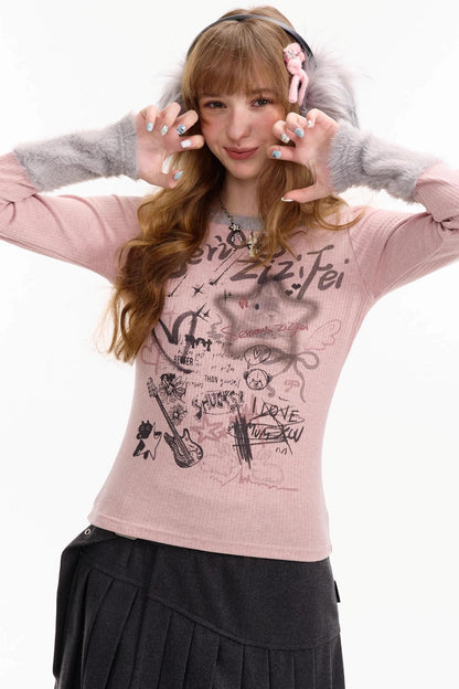 Patchwork Plush Crew Neck Knitted Base Shirt