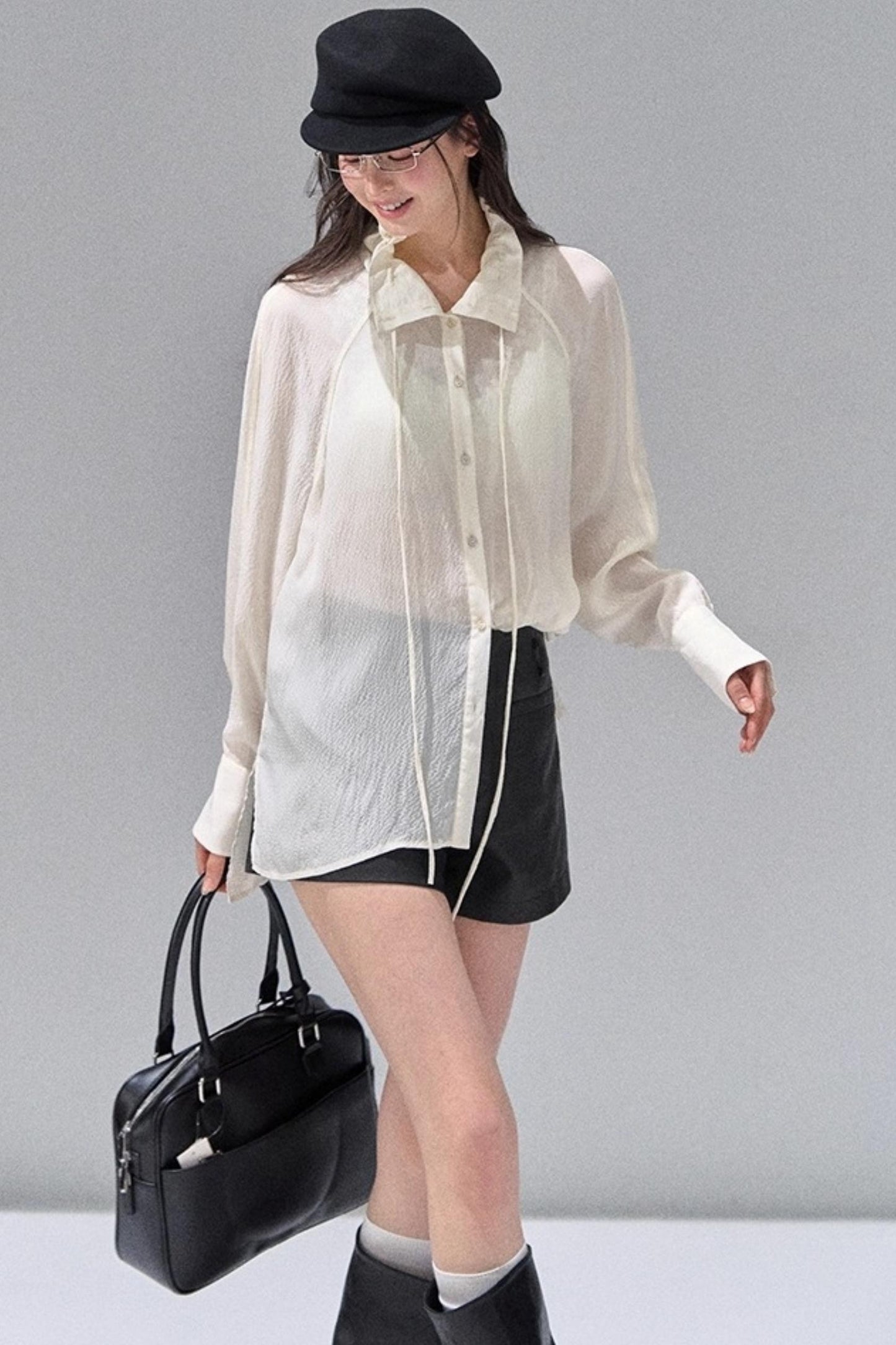 Fungus Edge Collar Drawstring Lace-up Shirt