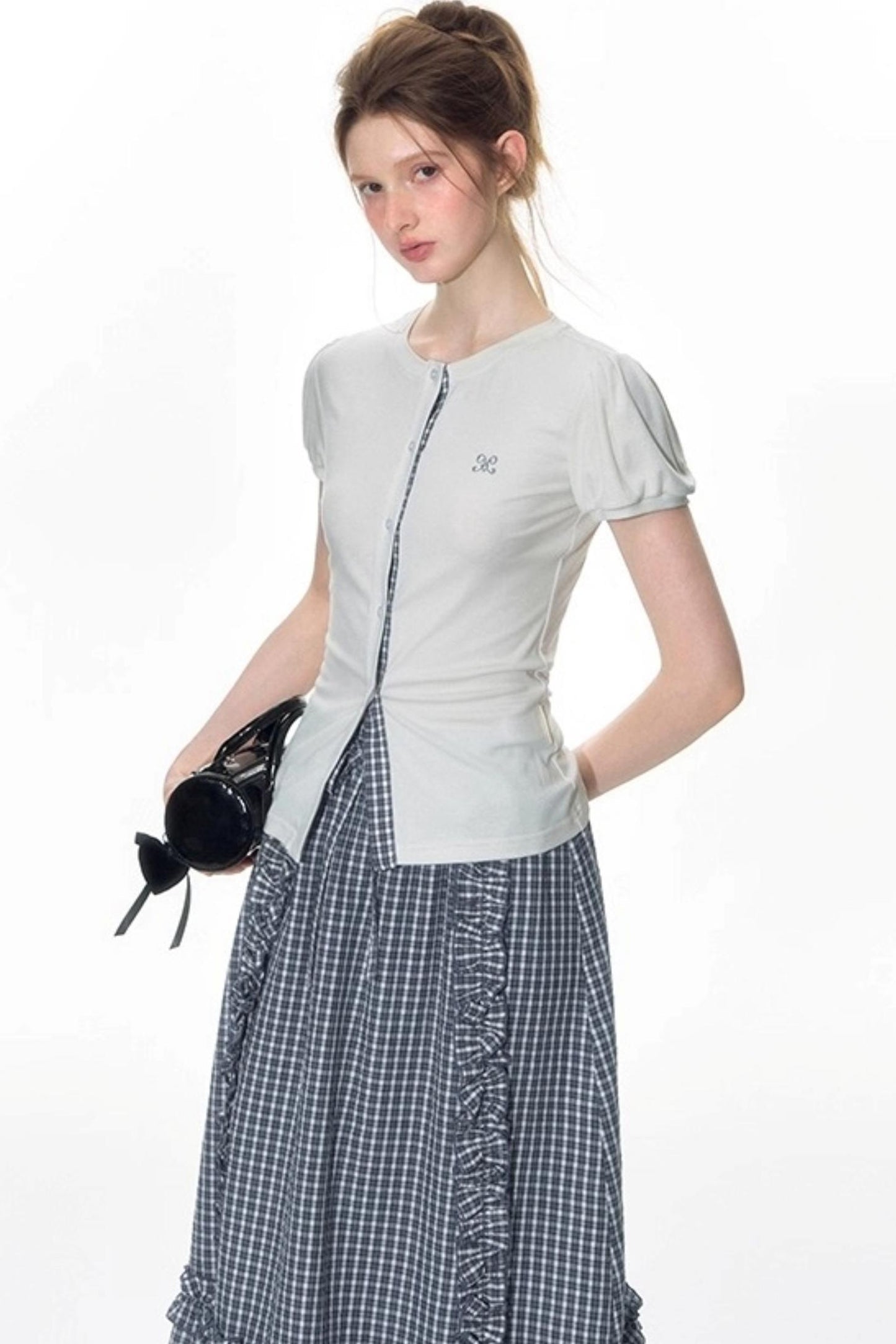 Original Slim Short Sleeve  Plaid Panelled Skirt Set-Up