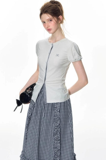 Original Slim Short Sleeve  Plaid Panelled Skirt Set-Up