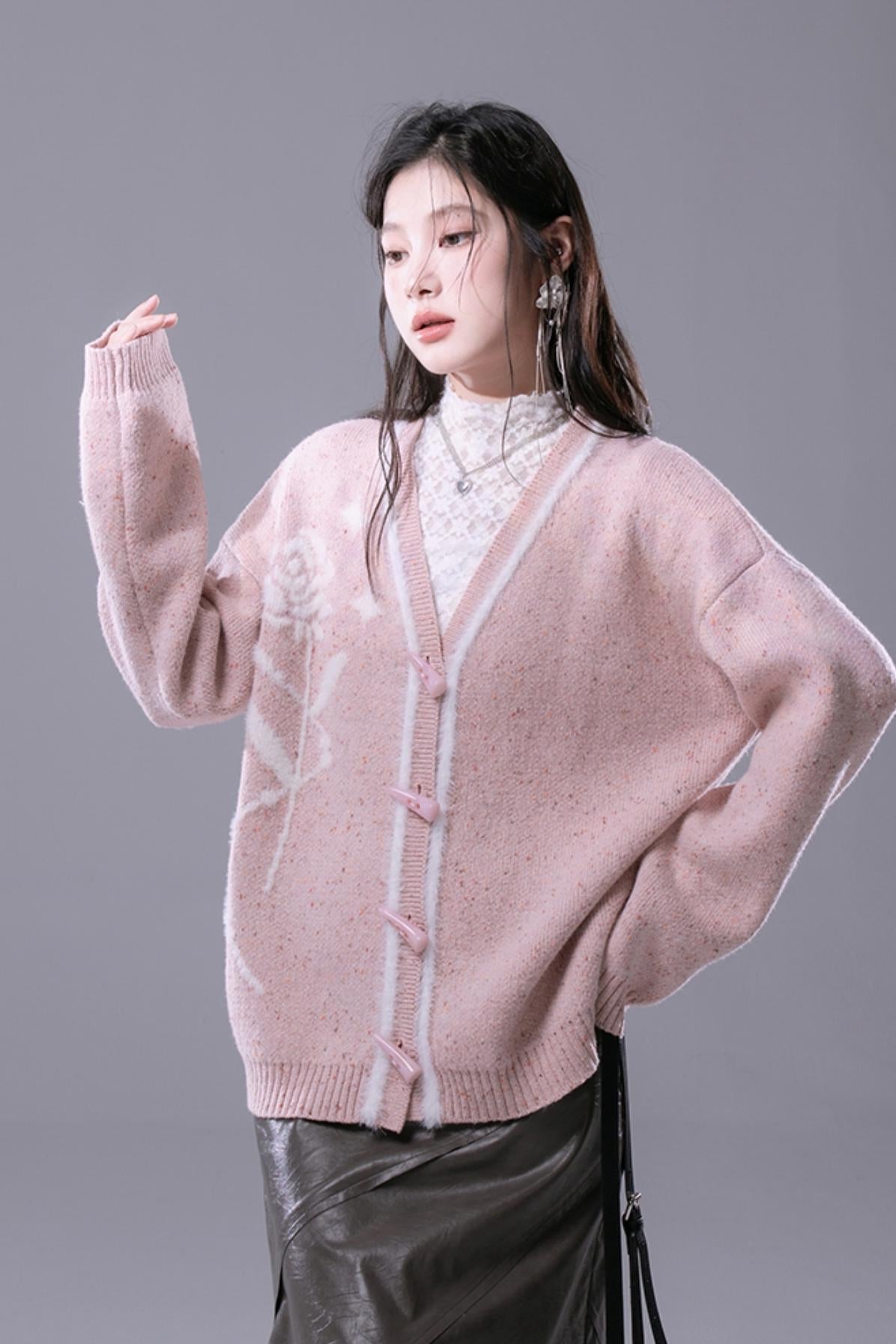 COTRE Weiß Pfirsich Schatten Rose Jacquard-Pullover Strickjacke