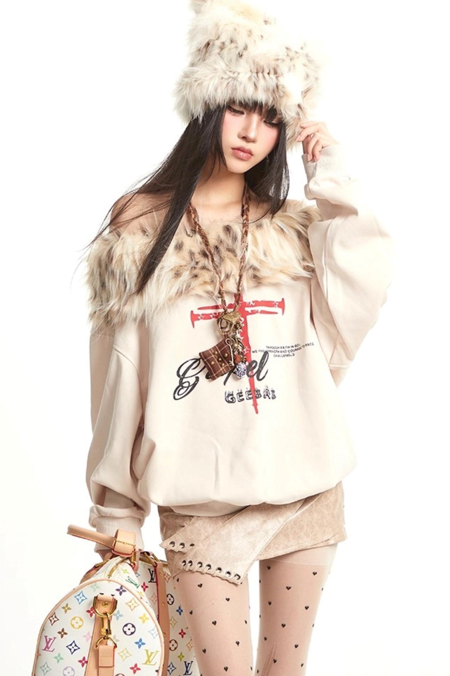 Vintage Apricot One-Shoulder Fur Collar Sweatshirt