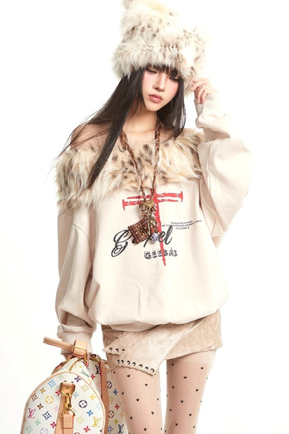 Vintage Apricot One-Shoulder Fur Collar Sweatshirt