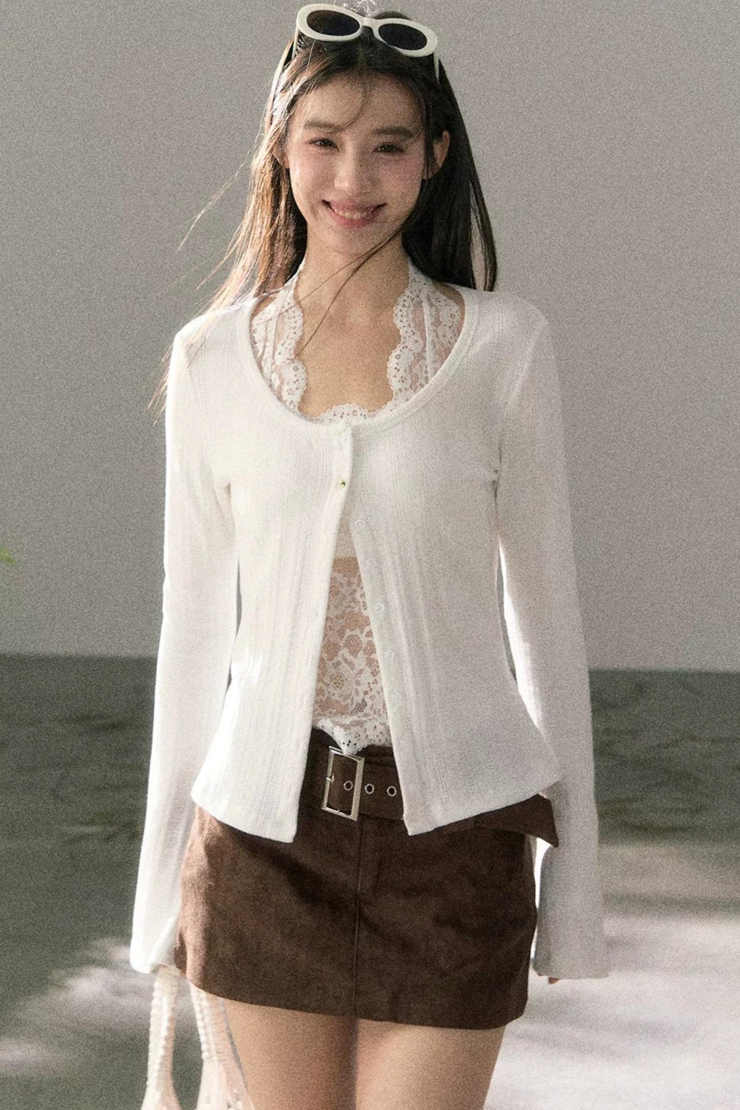 Lace-Detail Micro-Flare Knit Top