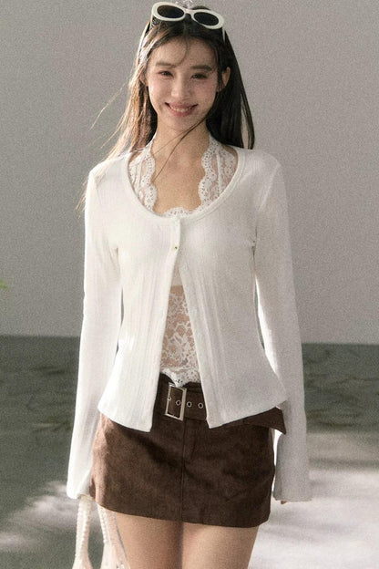 Lace-Detail Micro-Flare Knit Top