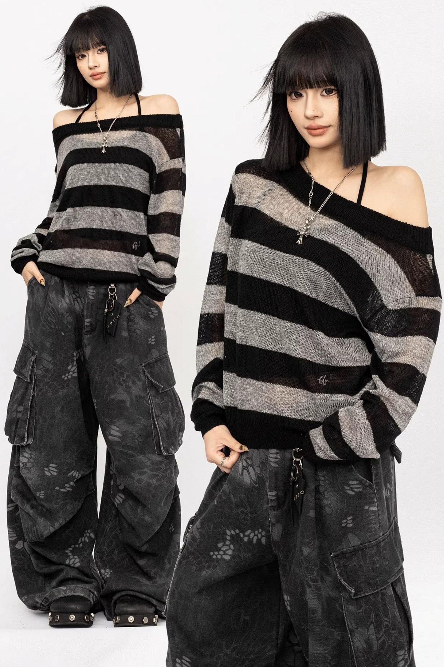 Retro Striped Off-Shoulder T-Shirt