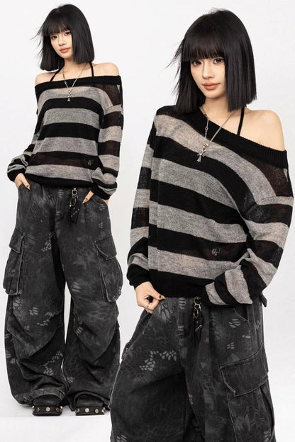 Retro Striped Off-Shoulder T-Shirt