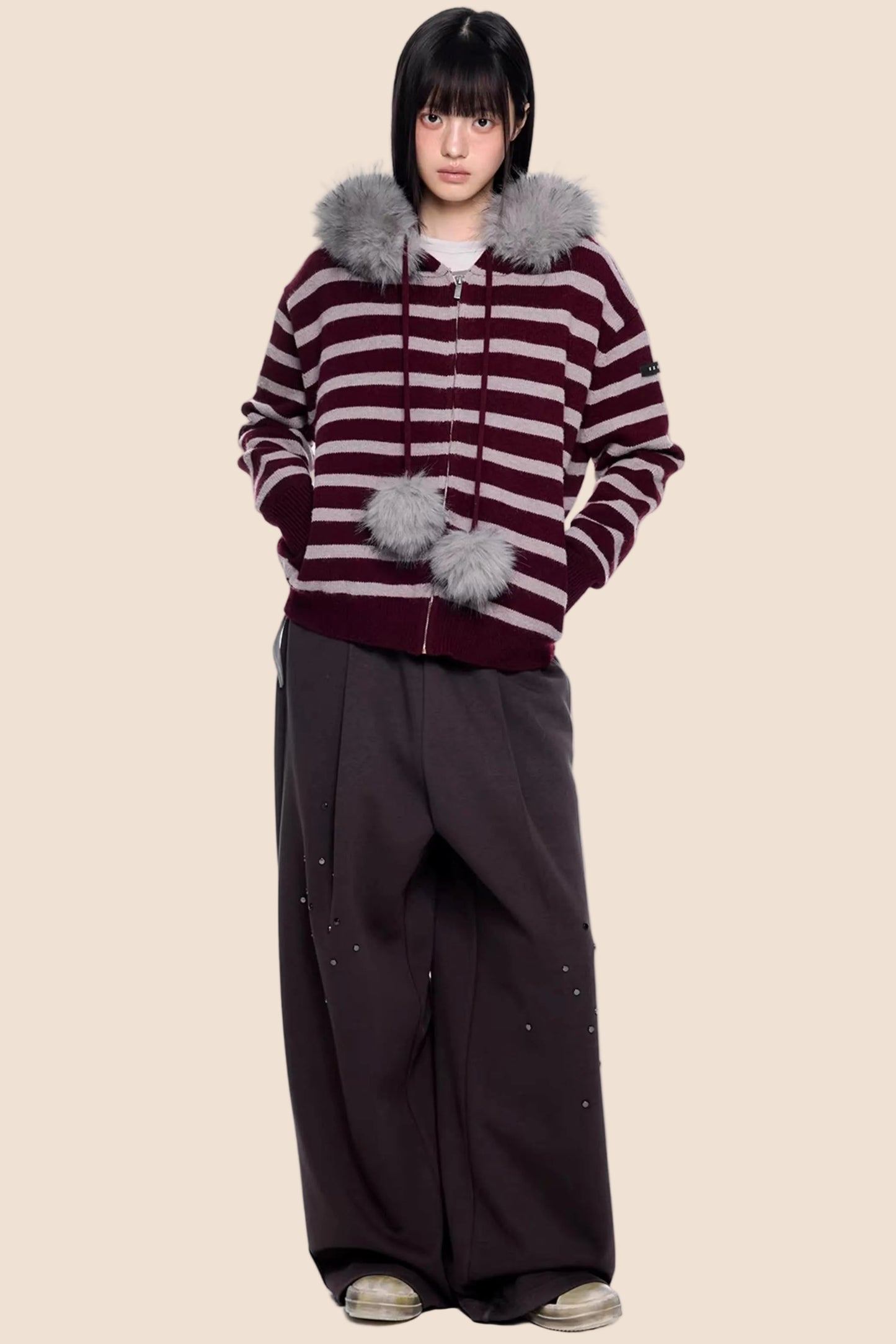 Fur Collar Striped Knit Cardigan