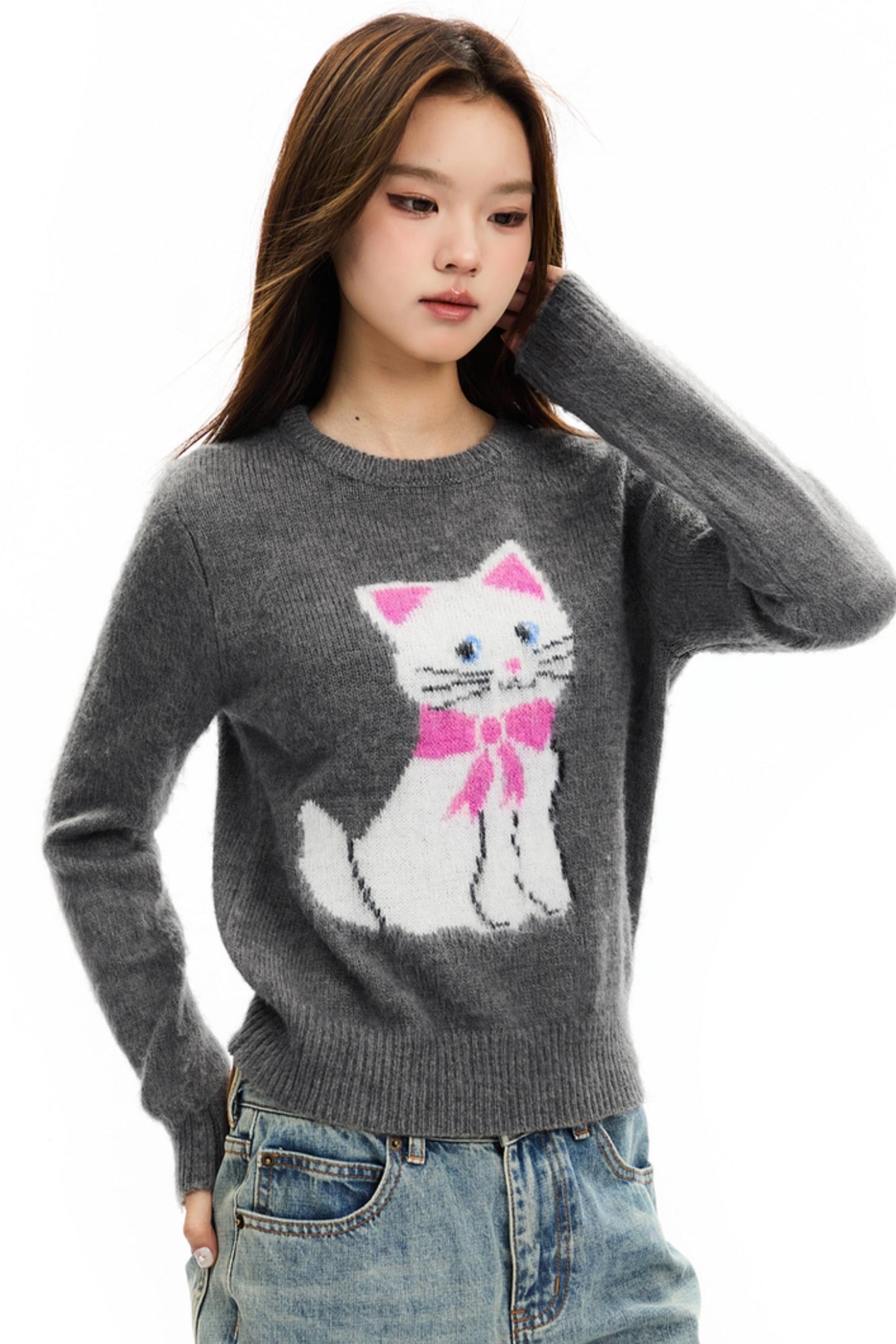 Intarsia Cat Mohair Knit Top