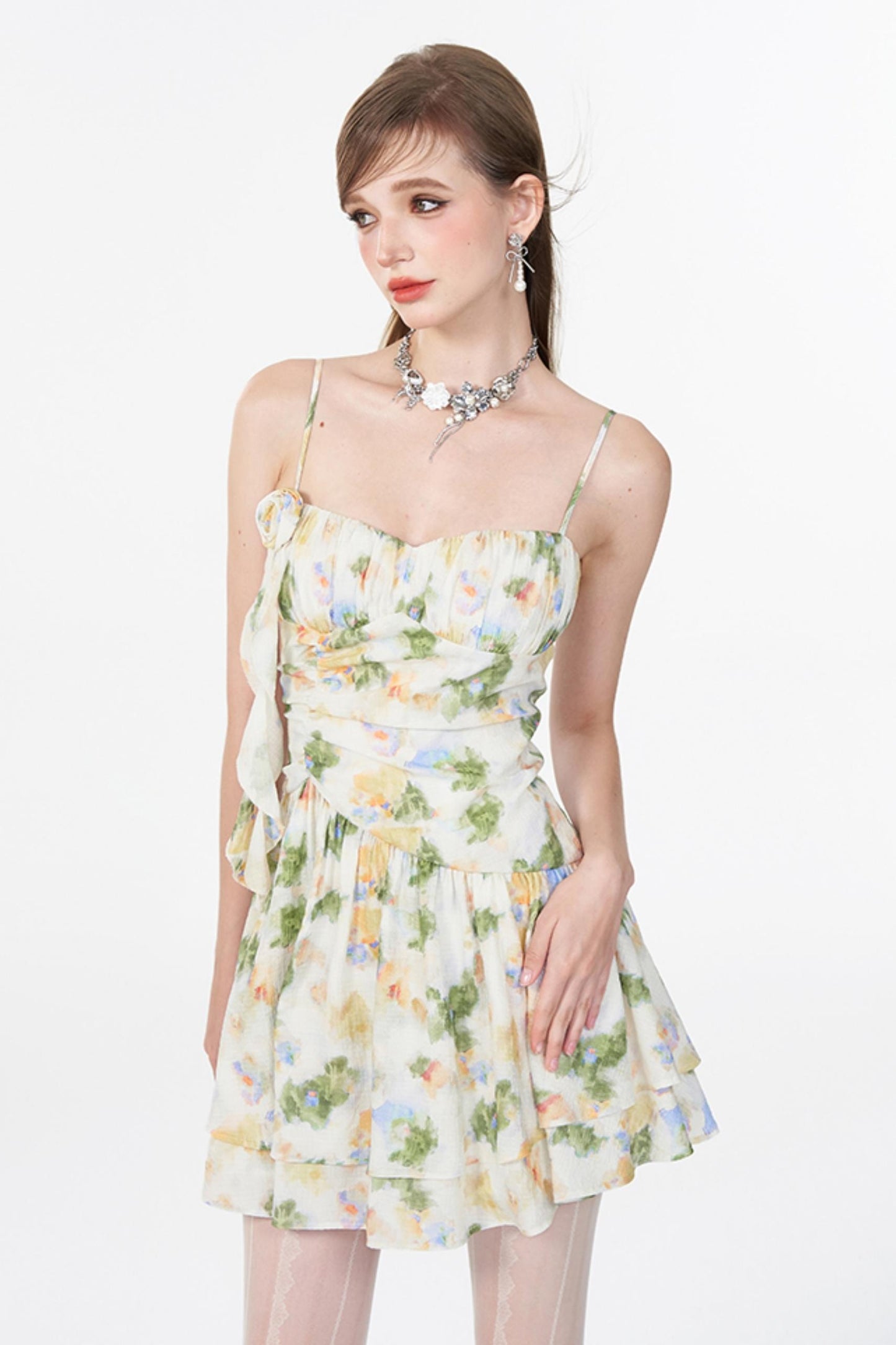 Floral Elegance Shrink-Waist Cami Dress