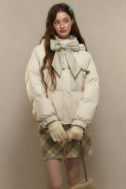 Cropped High Neck Duck Down Jacket with Bow