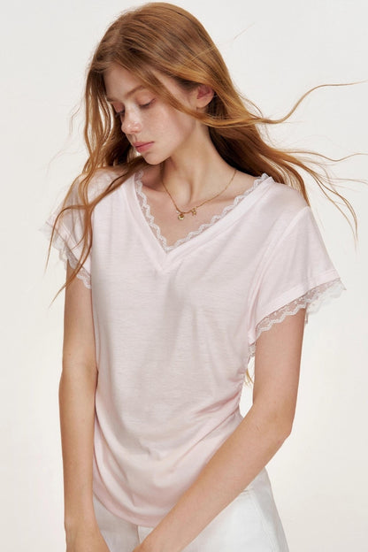 Floral Lace Shirring Short Sleeve T-Shirt