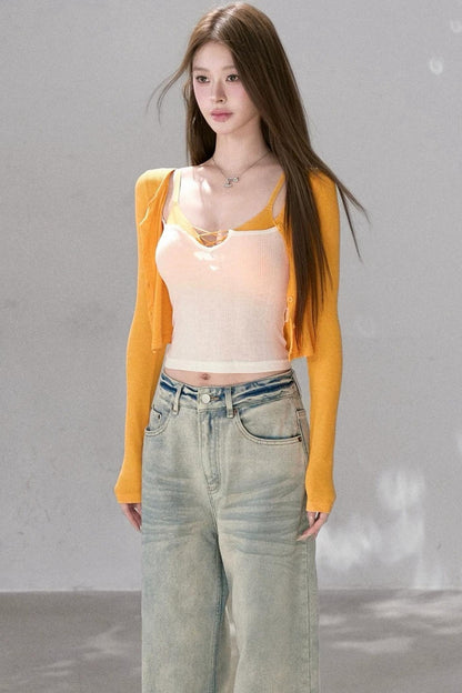 Textured Knit Cardigan Tank Top Three-Piece Set-Up