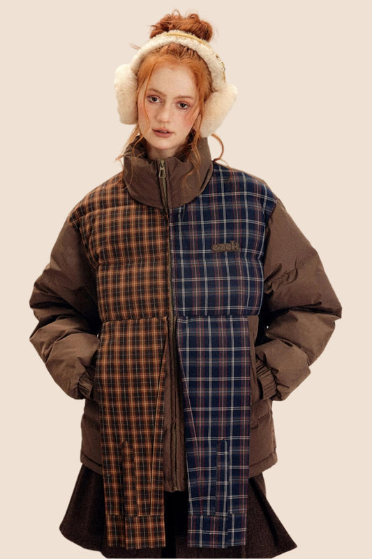 EZEK American retro unregelmäßige karierte Nähte Kontrast Baumwolle Kleidung Baumwolle Kleidung Frauen verdickt Brot Kleidung Baumwolle Jacke Jacke