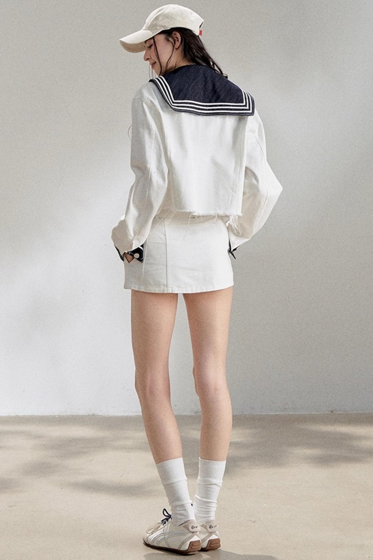 White Navy Short Denim Jacket Set-Up