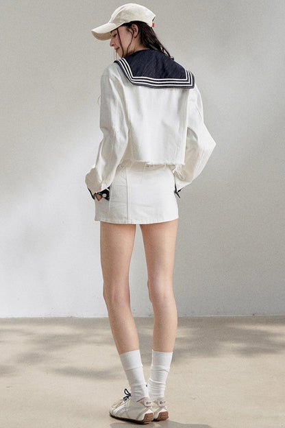 White Navy Short Denim Jacket Set-Up