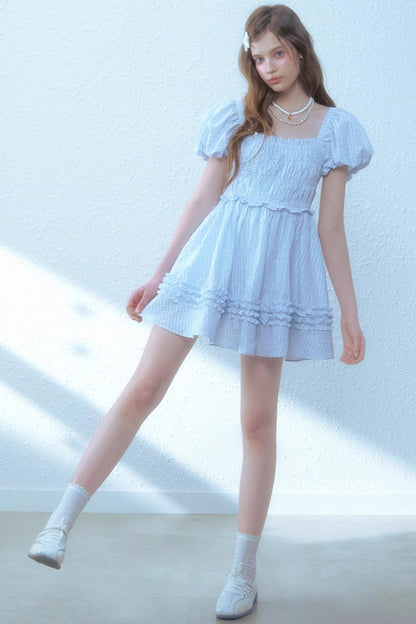 Blue Plaid Bubble Sleeves Dress