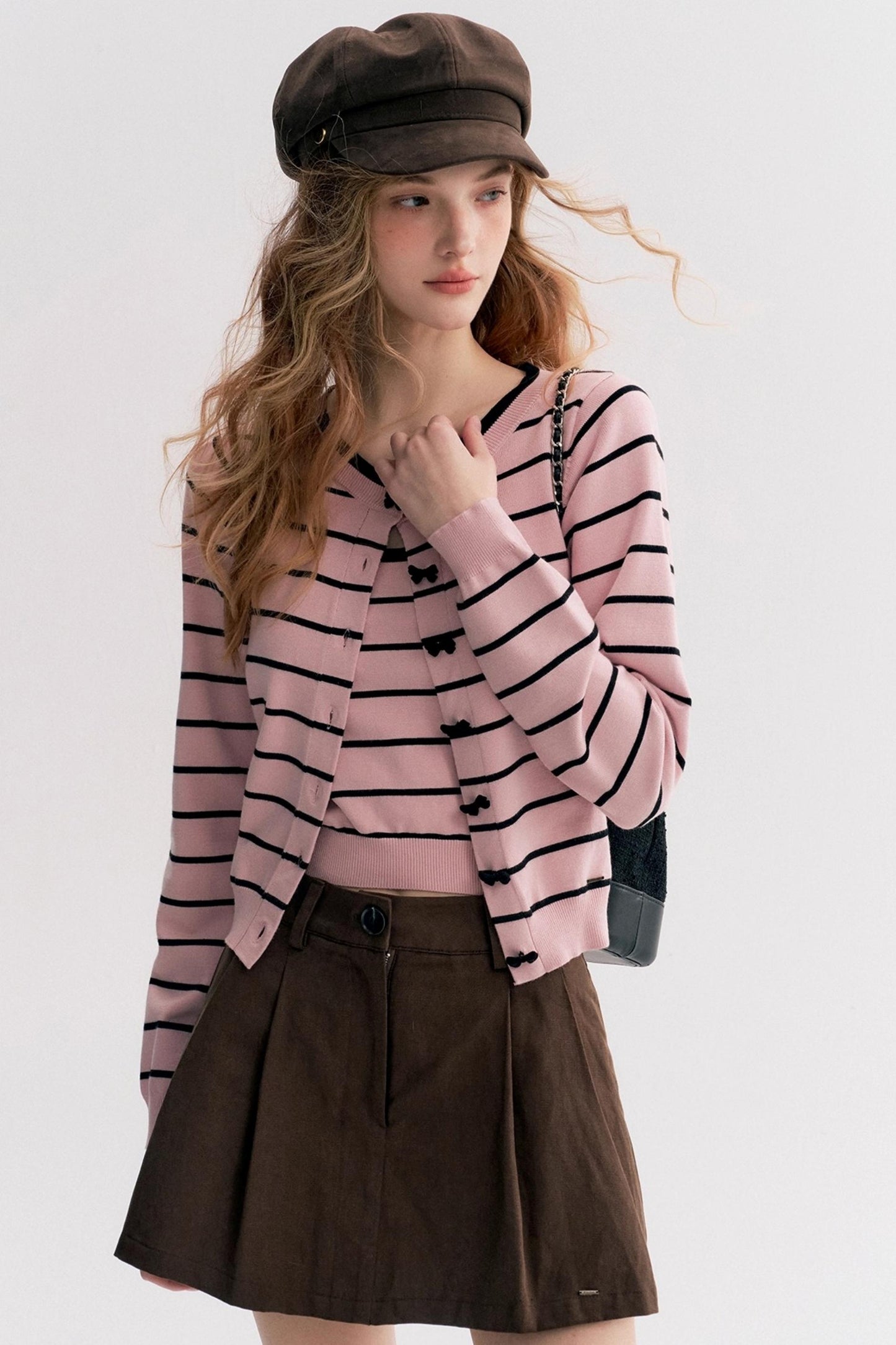 Striped Knit Suspender Cardigan & Top Set