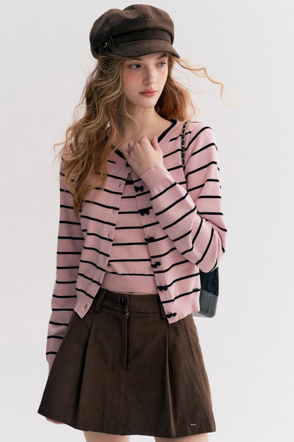 Striped Knit Suspender Cardigan & Top Set