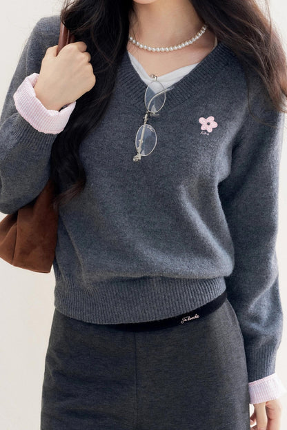 Romantic Check Wool-Blend V-Neck Sweater