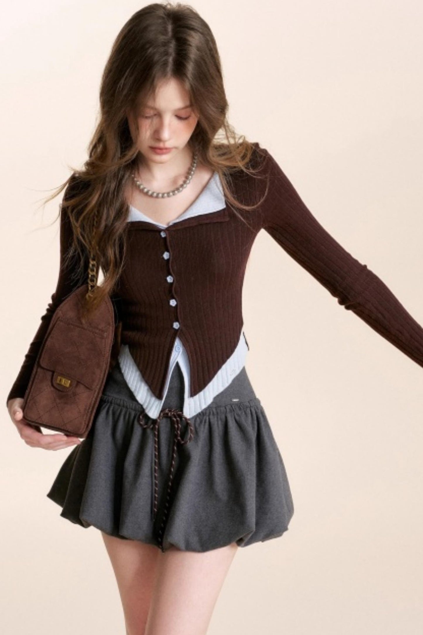 Color-Blocked Woolen Puff Skirt