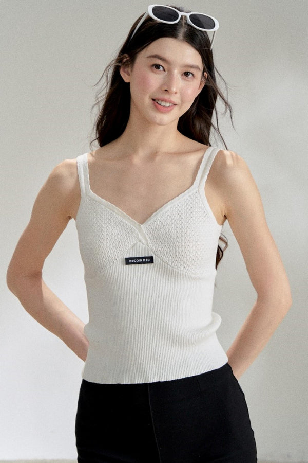 Textured White V-Neck Knitted Suspender Top